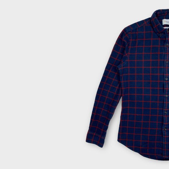 Farah Shirt Mens Small Slim Fit Flannel Windowpane Check Navy Logo Button Down - Picture 4 of 13